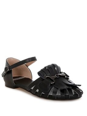Rag & Co Black Leather Fringe Ankle-Strap Flat